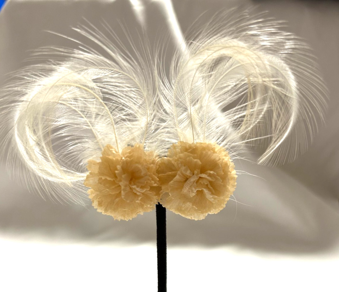 Vintage 1950’s Real Feather Flower Special Occasion Earrings Metal Clip-On VGUC