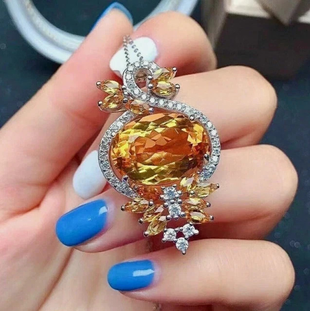 Lab Created Citrine 3.00Ct Oval Cut Designer Pendent 14K White Gold Plated 18”
