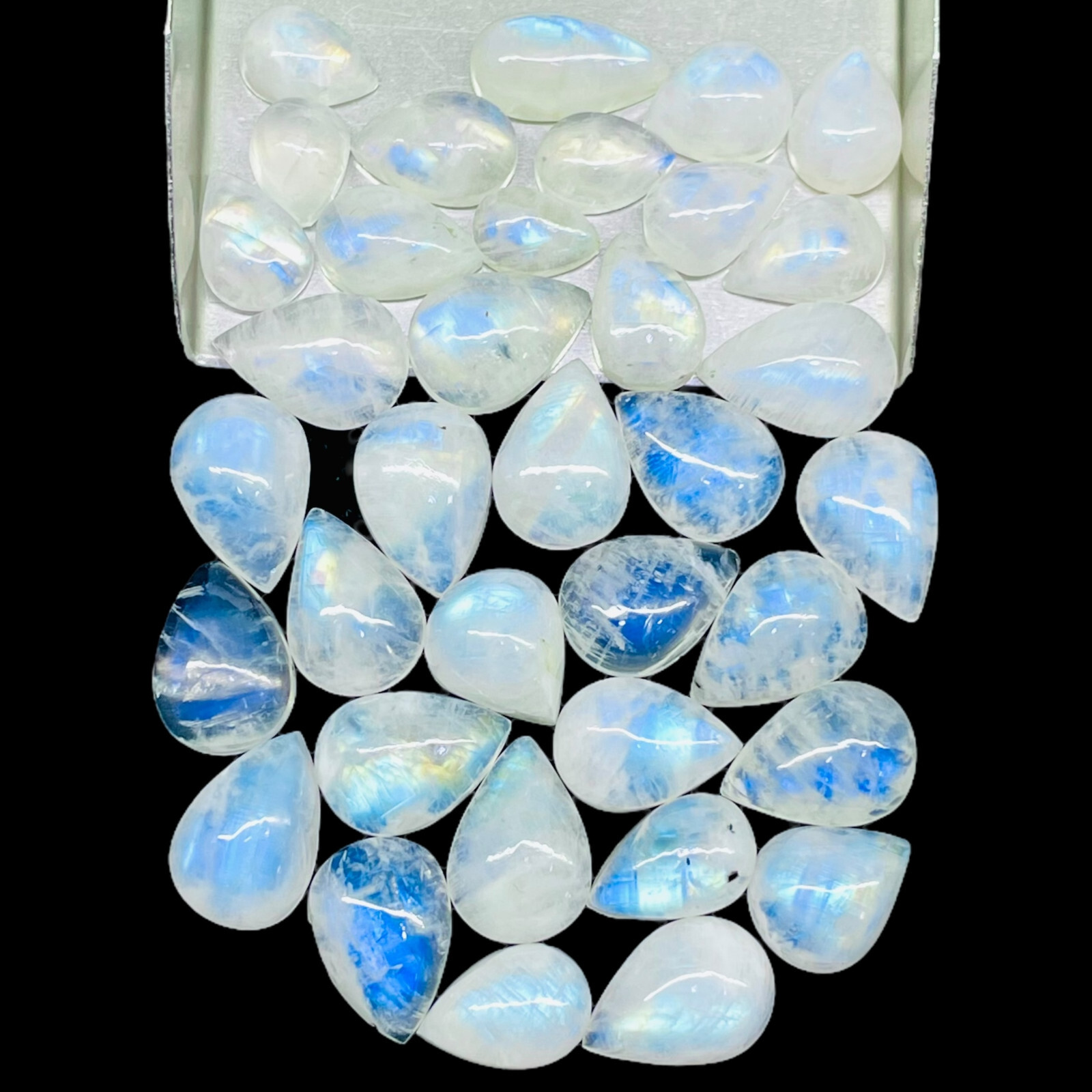 36 Pcs Natural Rainbow Moonstone 10-14mm Pear Blue Flash Cabochon Gemstones Lot
