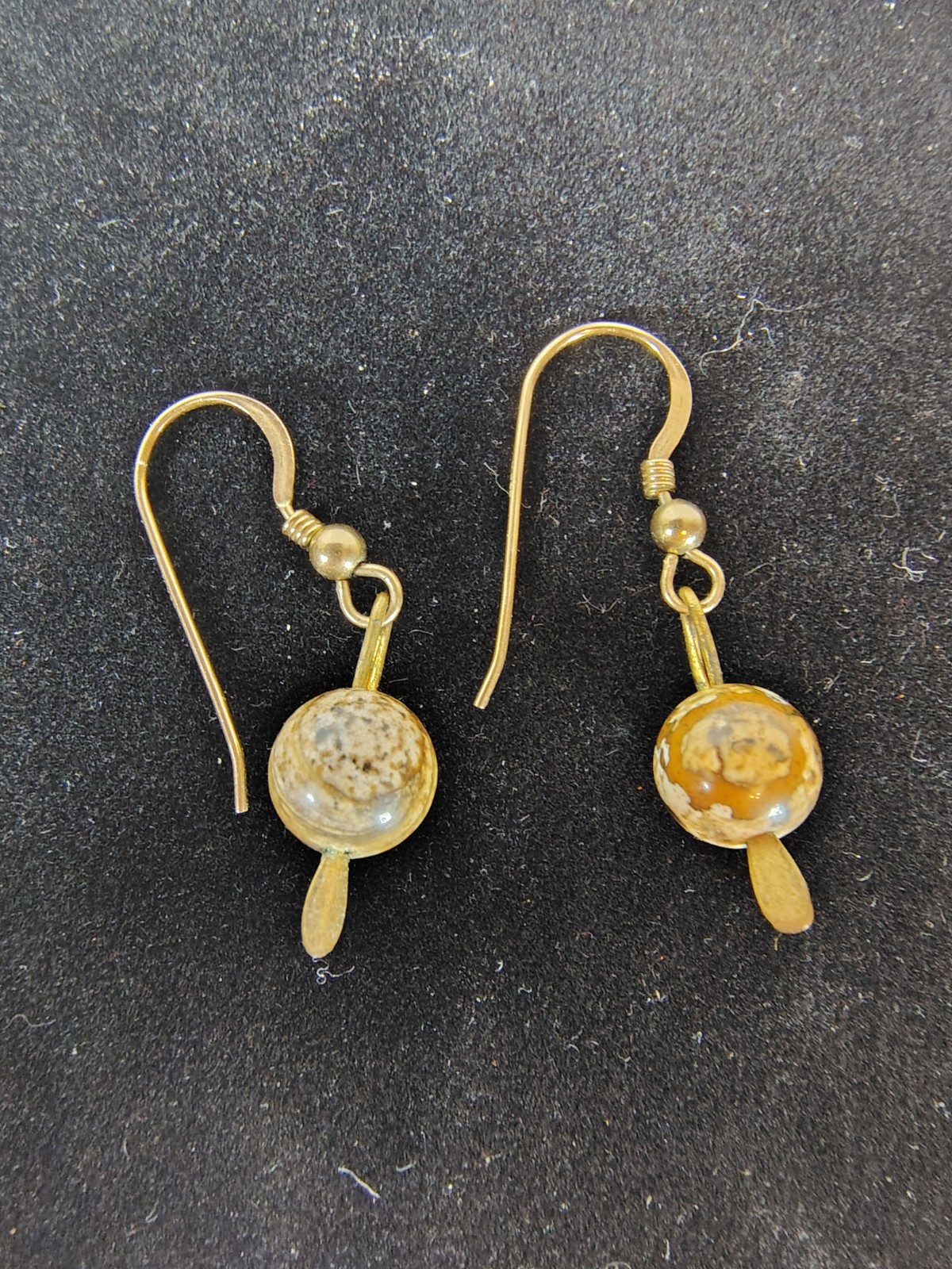 Vtg Artisan Sandstone Bead Dangle Earrings 14K GF Hooks Handmade Natural Stone