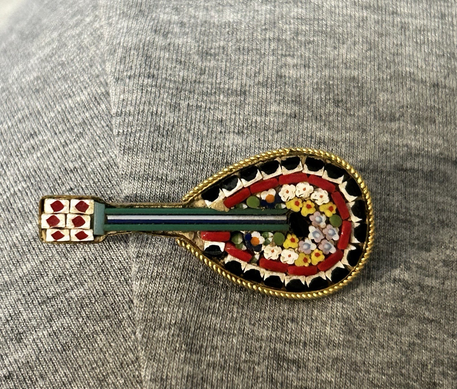Vintage Italian Micro Mosaic Mandolin Brooch Pin Millefiori Made In Italy 1950s