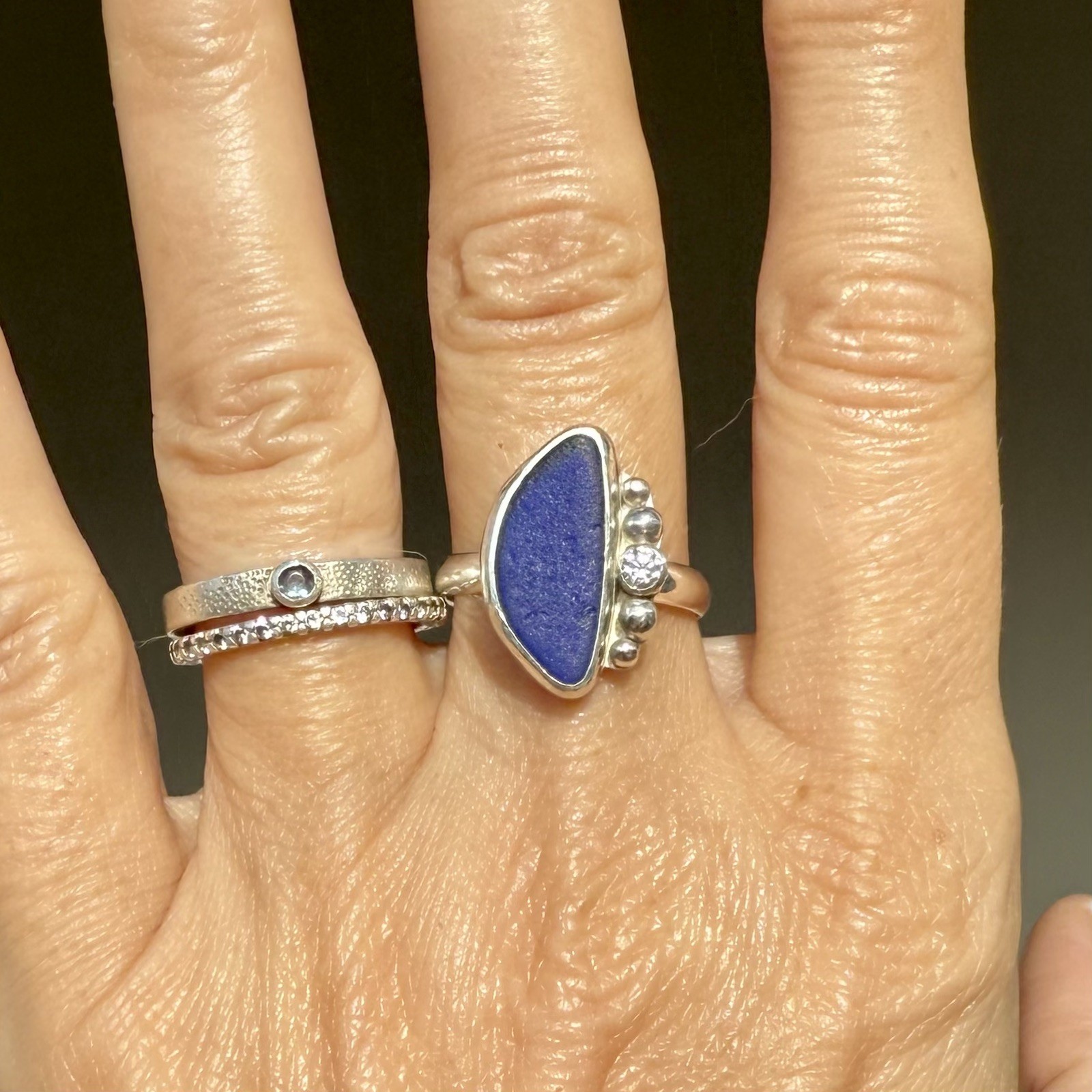 Cobalt Blue Genuine Caribbean Sea Glass Sterling Silver Ring With CZ Gem. Size 9