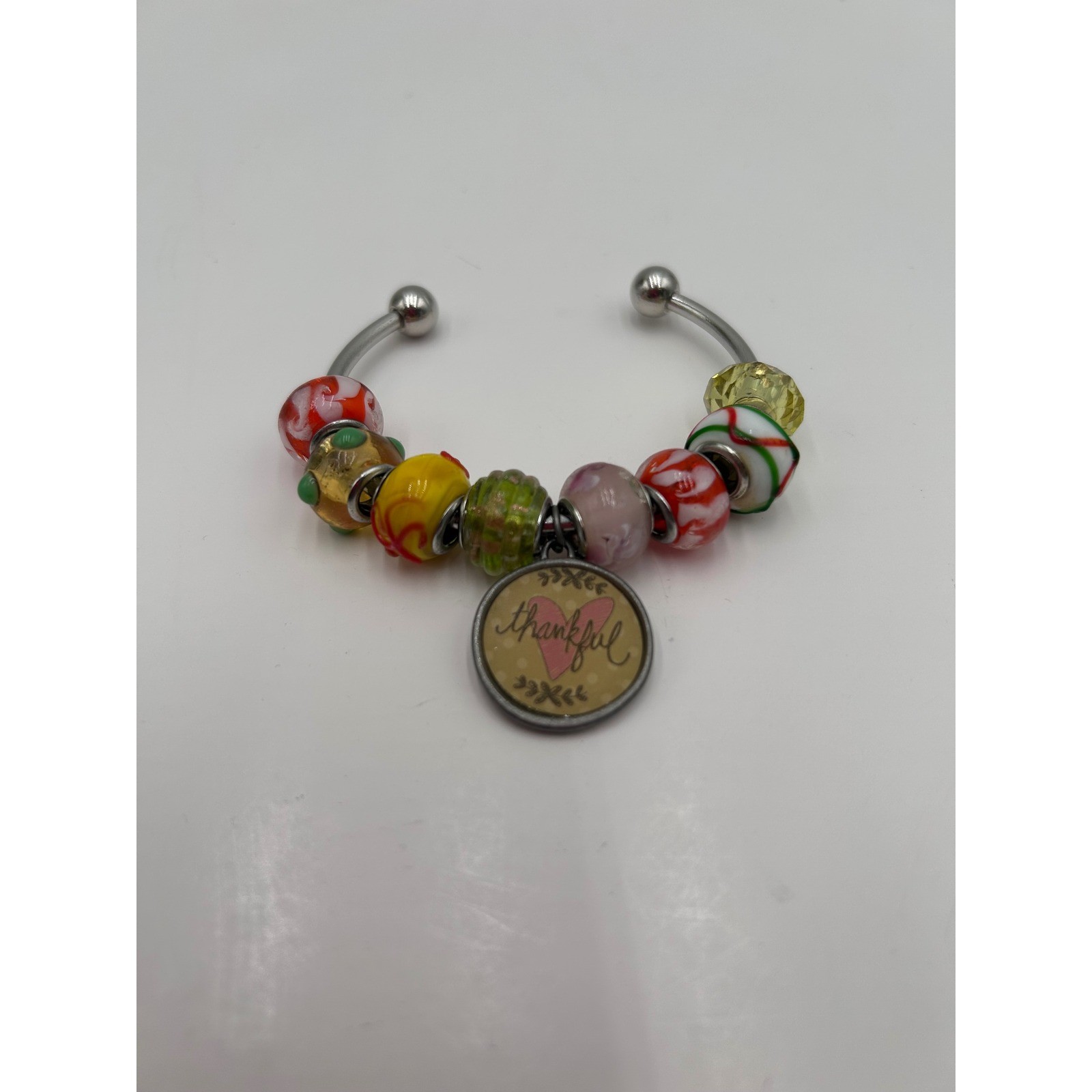 Thankful Heart Charm Lampwork Glass Bead Silver Tone Torque Boho Bangle Bracelet