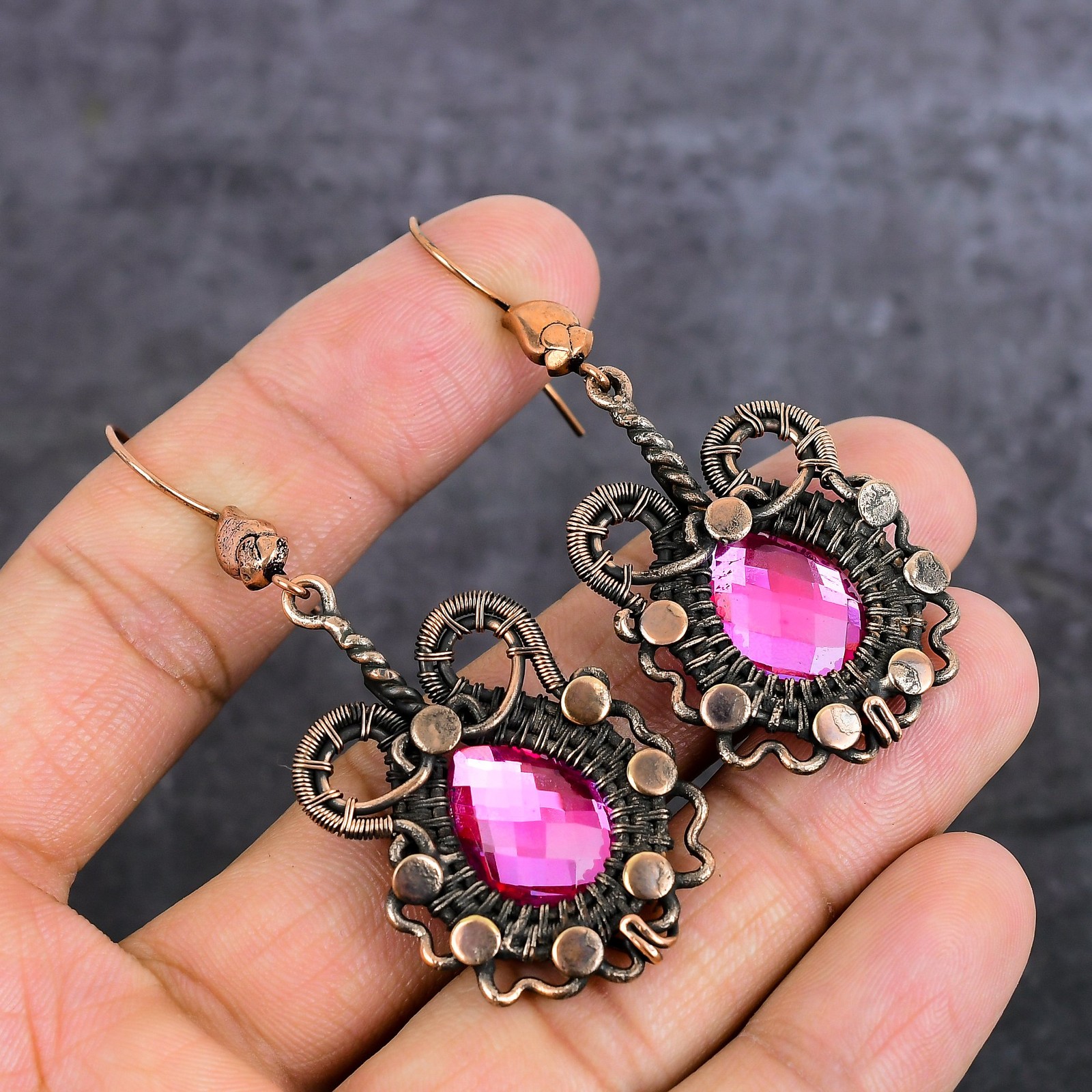 Pink Rubillite Gemstone Copper Wire Wrap Jewelry Earring 2.56″ Gift for Her V194