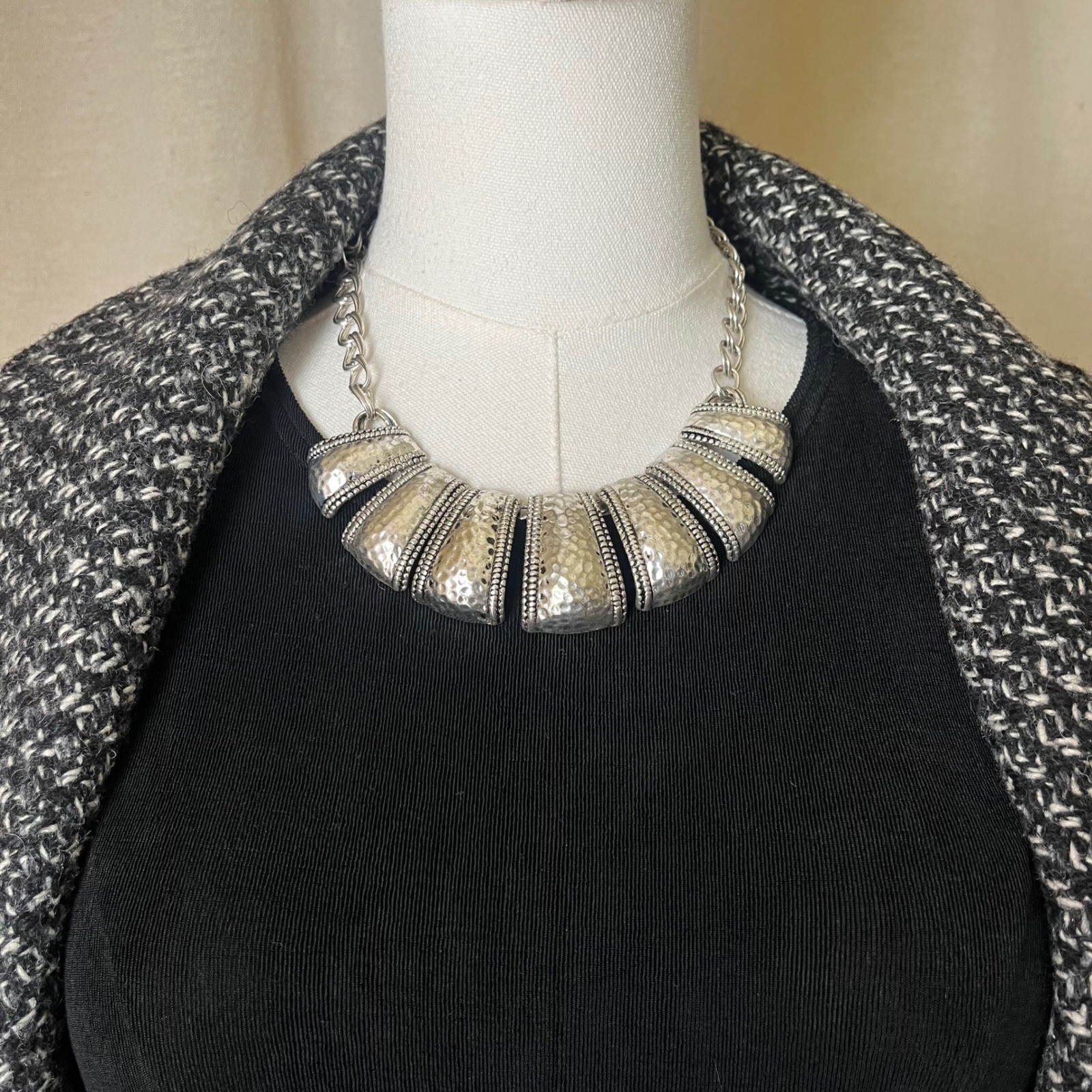 Hammered Silver Statement Bib Necklace 16-19″ Chunky Sculptural Collar