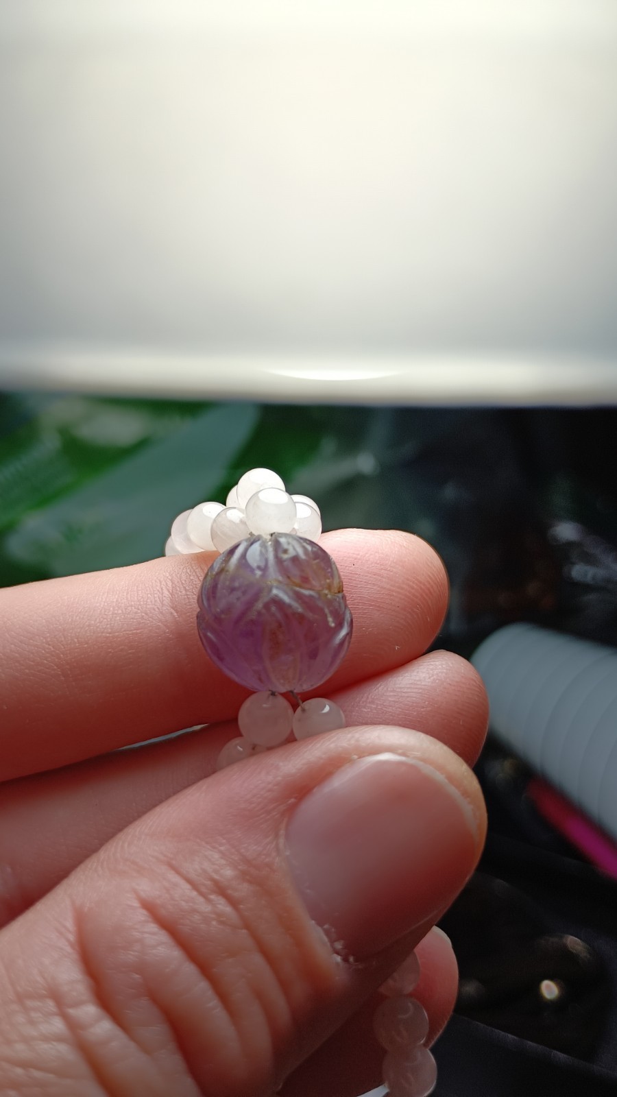 Vintage Chinese Rose Quartz Carved Amethyst Stone Beaded Necklace Silver Clasp
