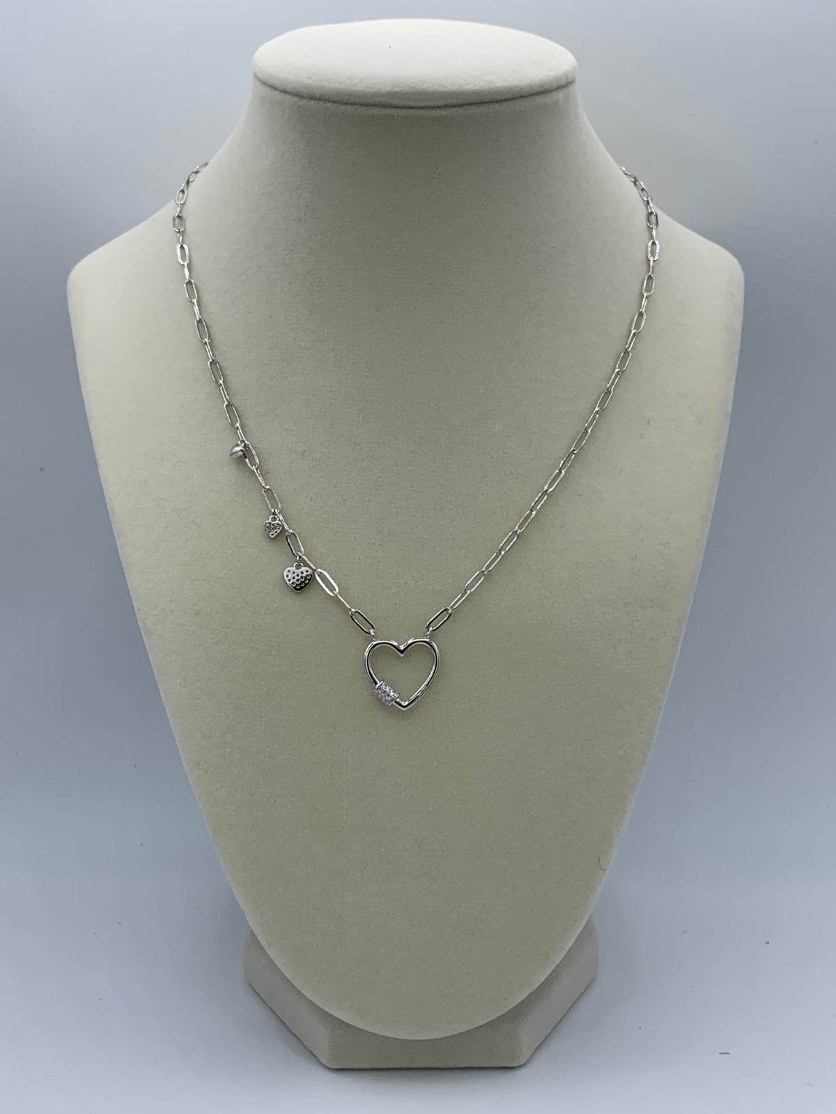Rhodium Plated 925 Sterling Silver Heart CZ Paperclip Necklace