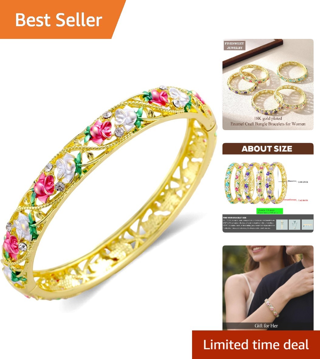 Exquisite Handcrafted 18K Gold Floral Bangle – Retro 7.42” Jewelry for Women
