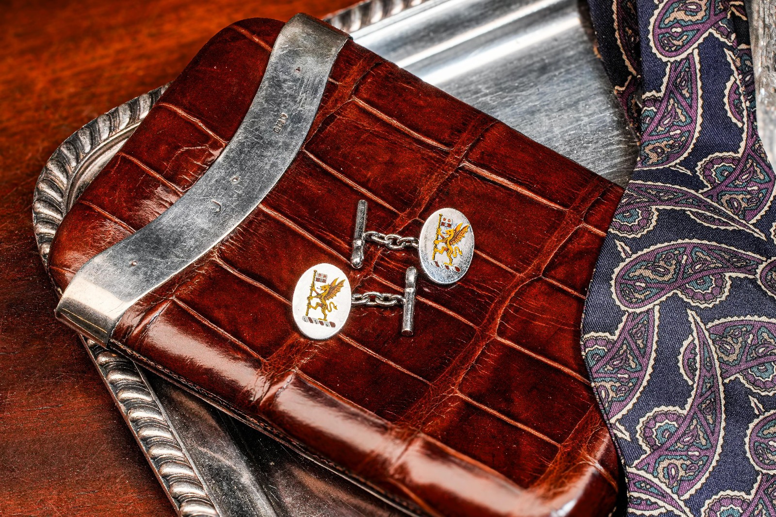 Striking Hand Painted Enamel Sterling Silver Antique English Cufflinks Armorial