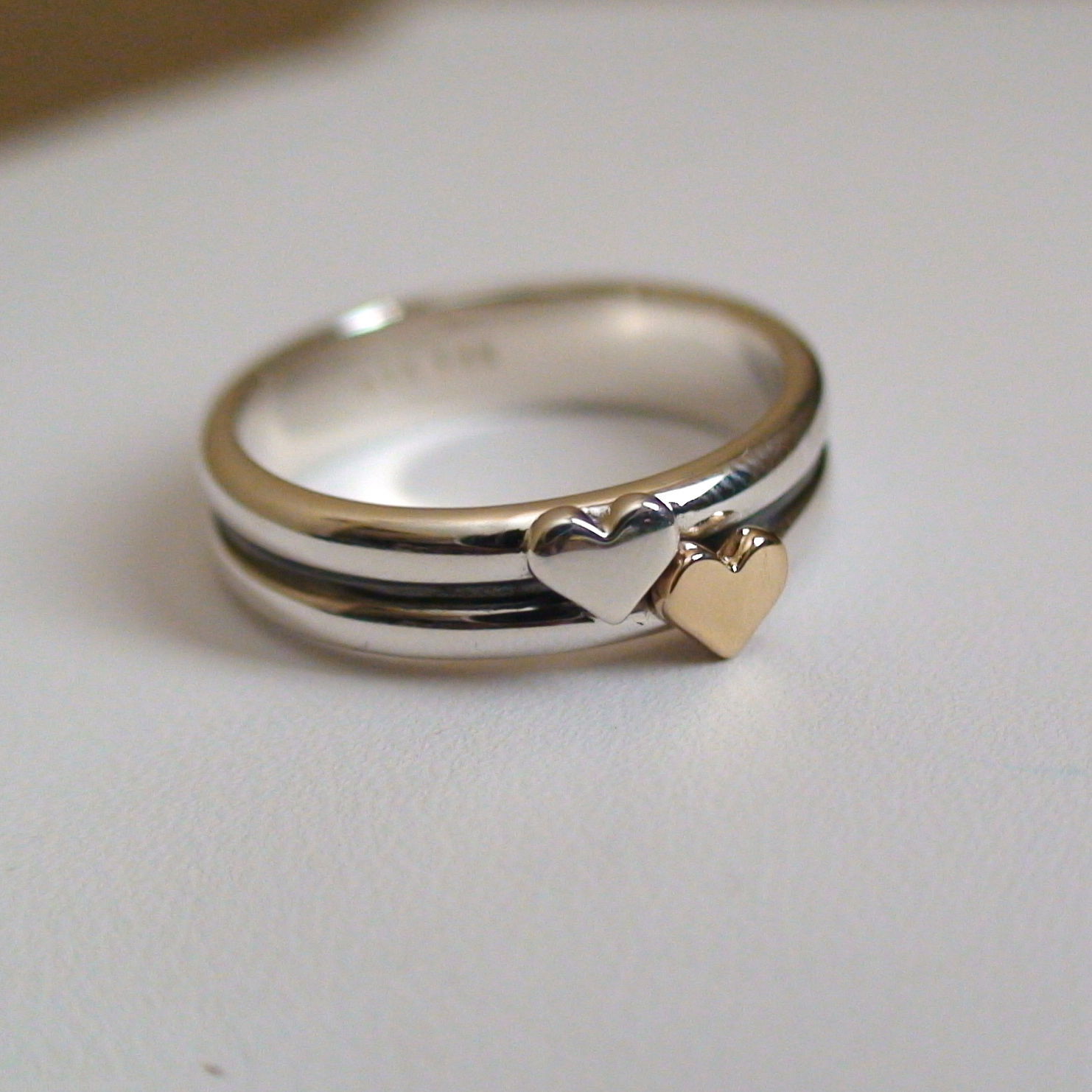 Two Hearts Ring – 925 Sterling Silver & 14K Gold Heart – Multiple Sizes Gift NEW