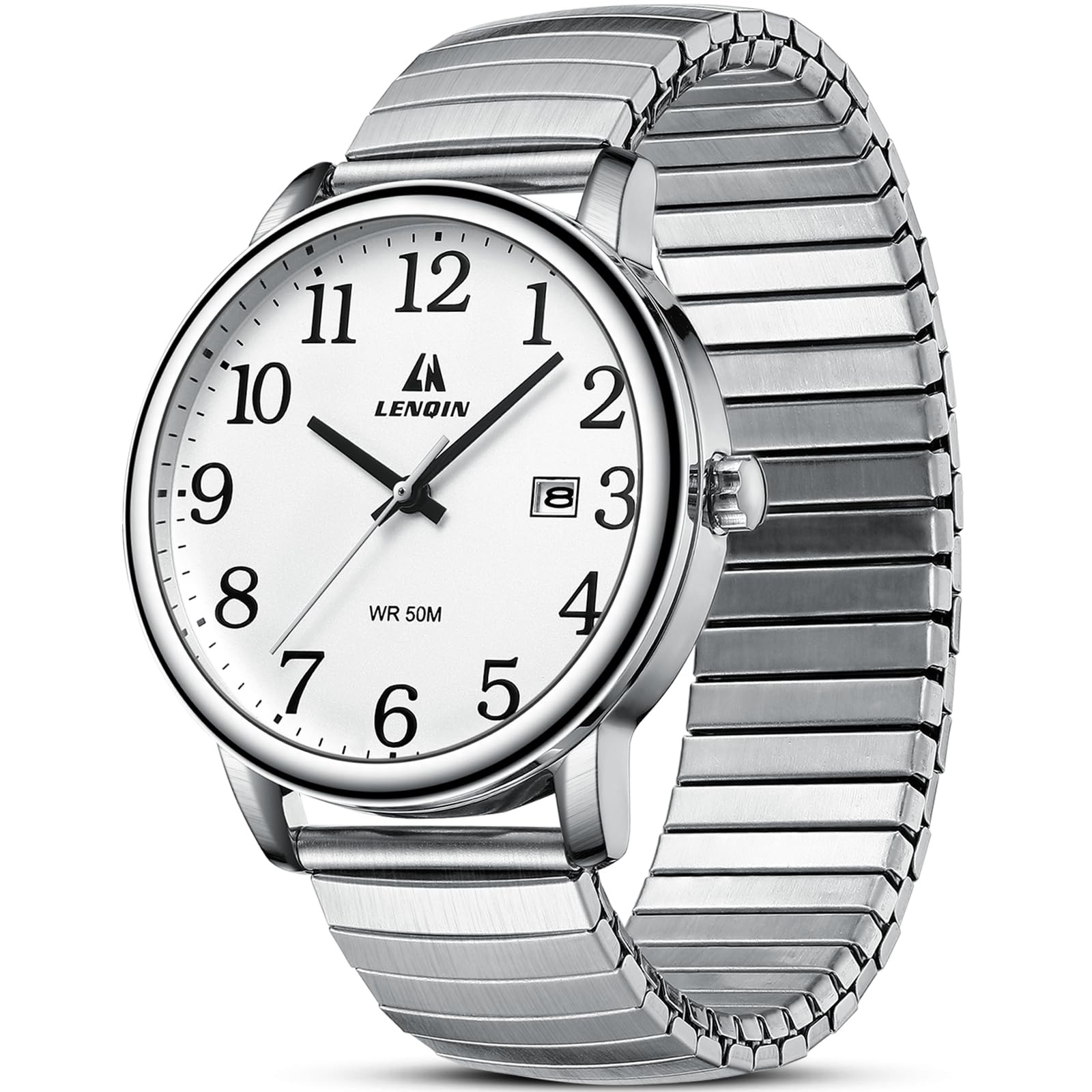 Men’s Analog Quartz Watch 38mm Glow Big Dial Date Stainless Steel Stretch Band