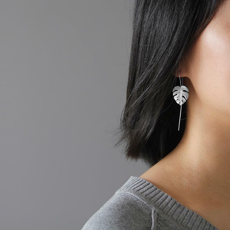 925 Sterling Silver Monstera Plant Leaf Long Drop Earrings Handmade Unique Chic