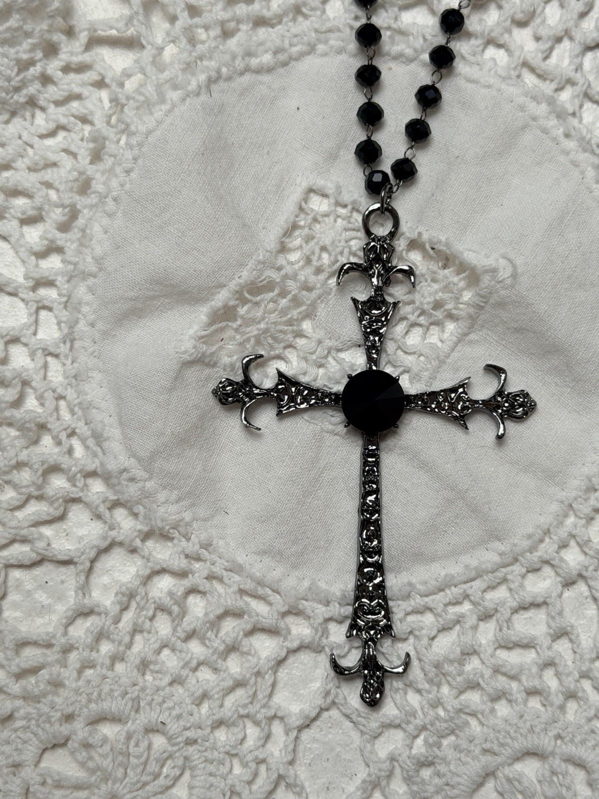 JEWELRY Design by Korea Stainless Steel Beaded Necklace Black Crystal Cross