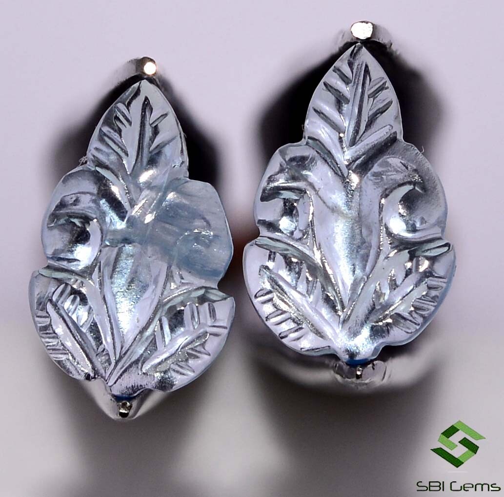 7.21 Cts Natural Blue Topaz Hand Made Pair Carving 13×8 mm Flower Shape Gemstone