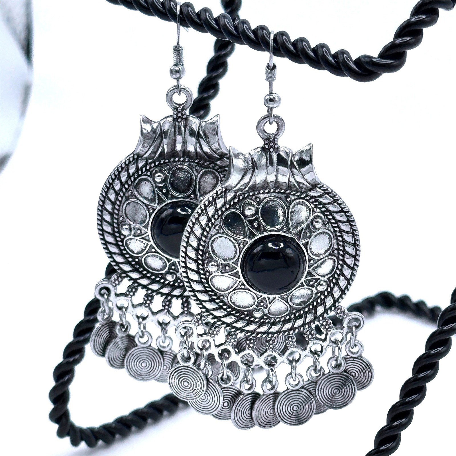 Silver Tone Black Stone Dangle Earrings Gypsy Boho Tribal Chandelier Southwest