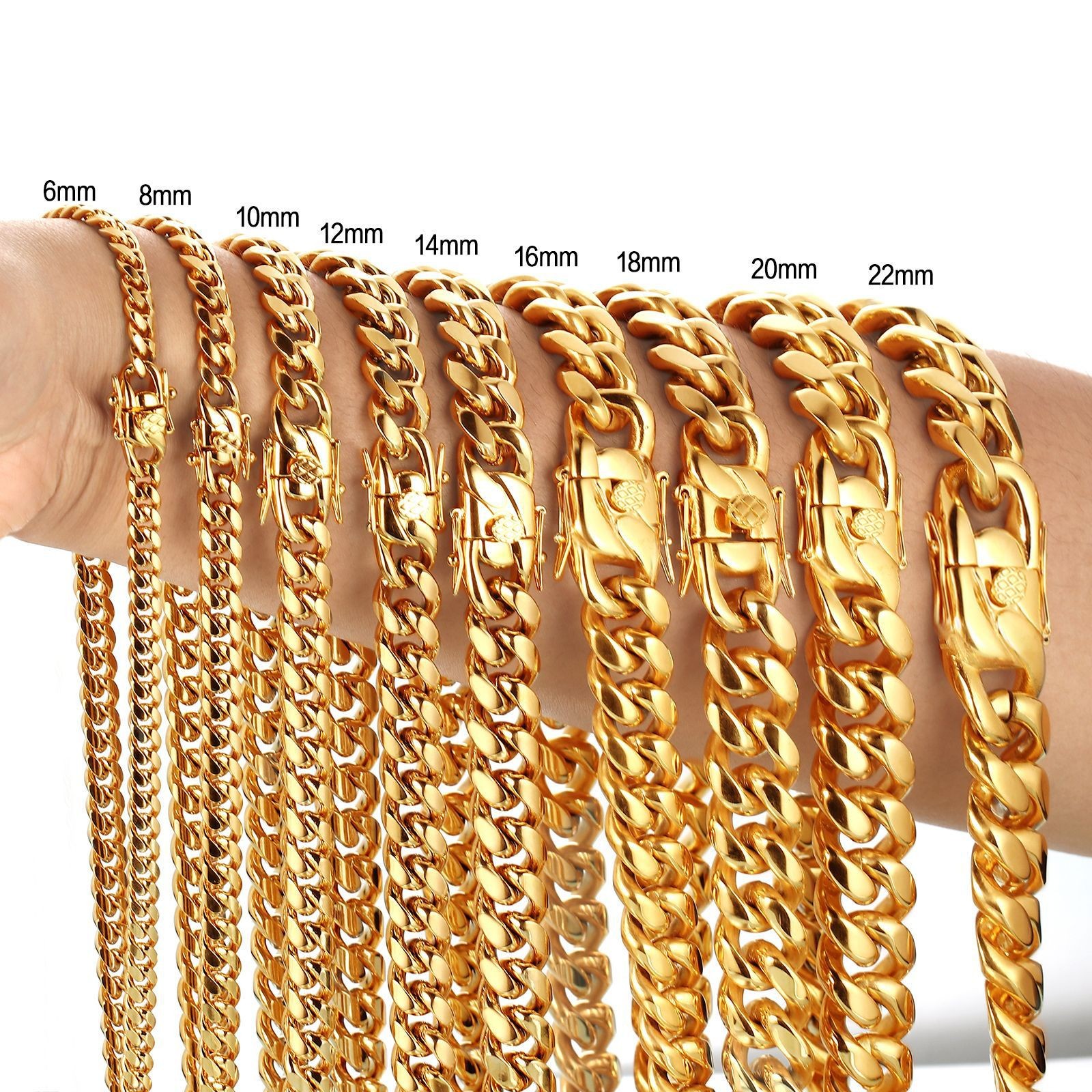 6-22MM Full Stainless Steel 18K GP Miami Hip Hop Cuban Chain Necklace Bracelet
