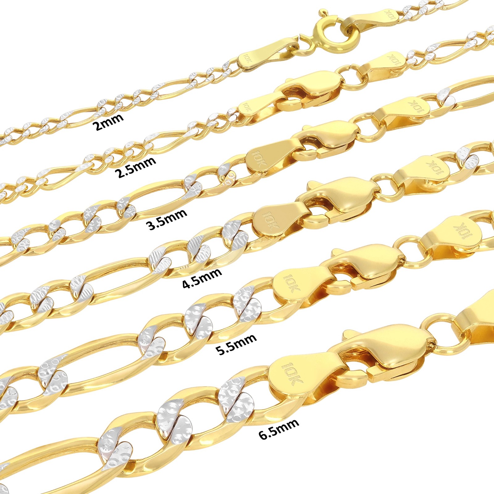 10K Yellow Gold 2mm-9mm Diamond Cut Figaro Pave Chain Necklace Bracelet 7″- 30″