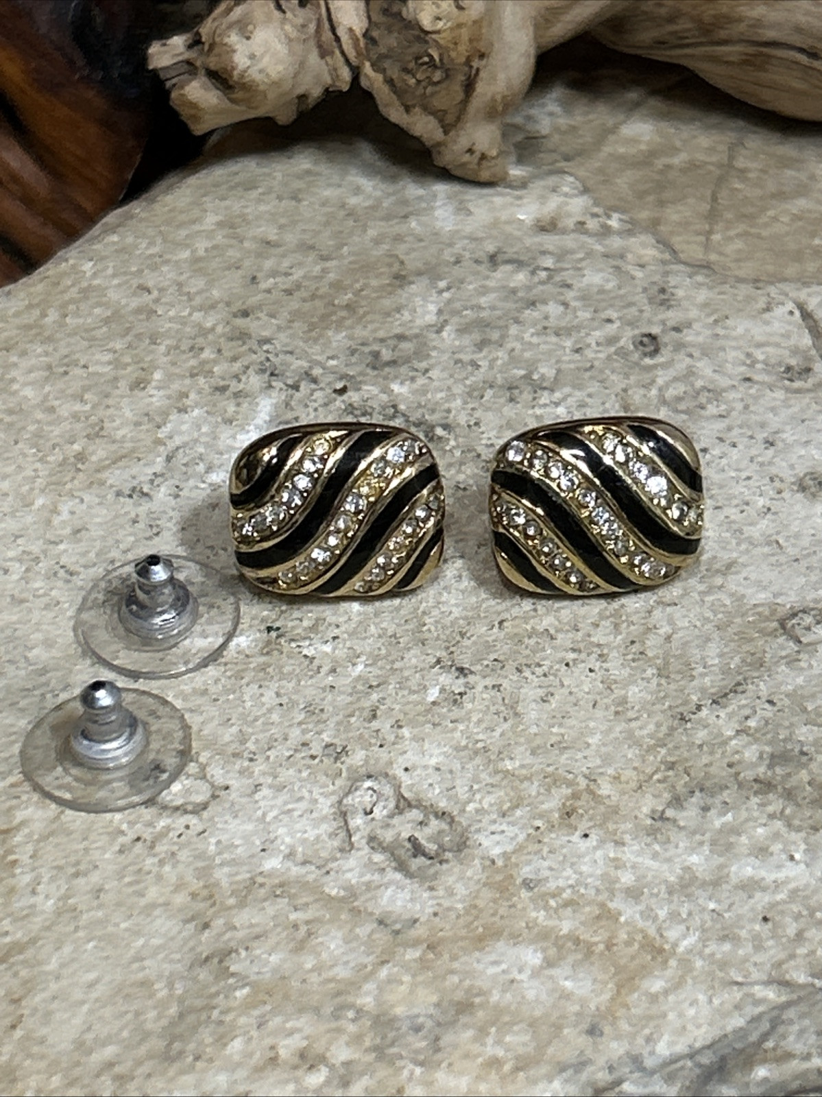 28. Christian Dior 14K Post Gold tone Black Enamel Crystal Stud Earrings 15.4mm