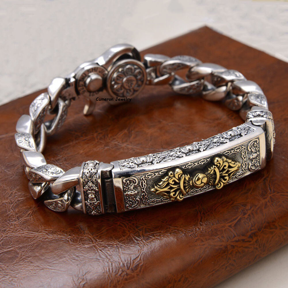 Pure S925 Sterling Silver Bracelet 11mm Vajra Six Words Curb Link Chain 7-8.7in