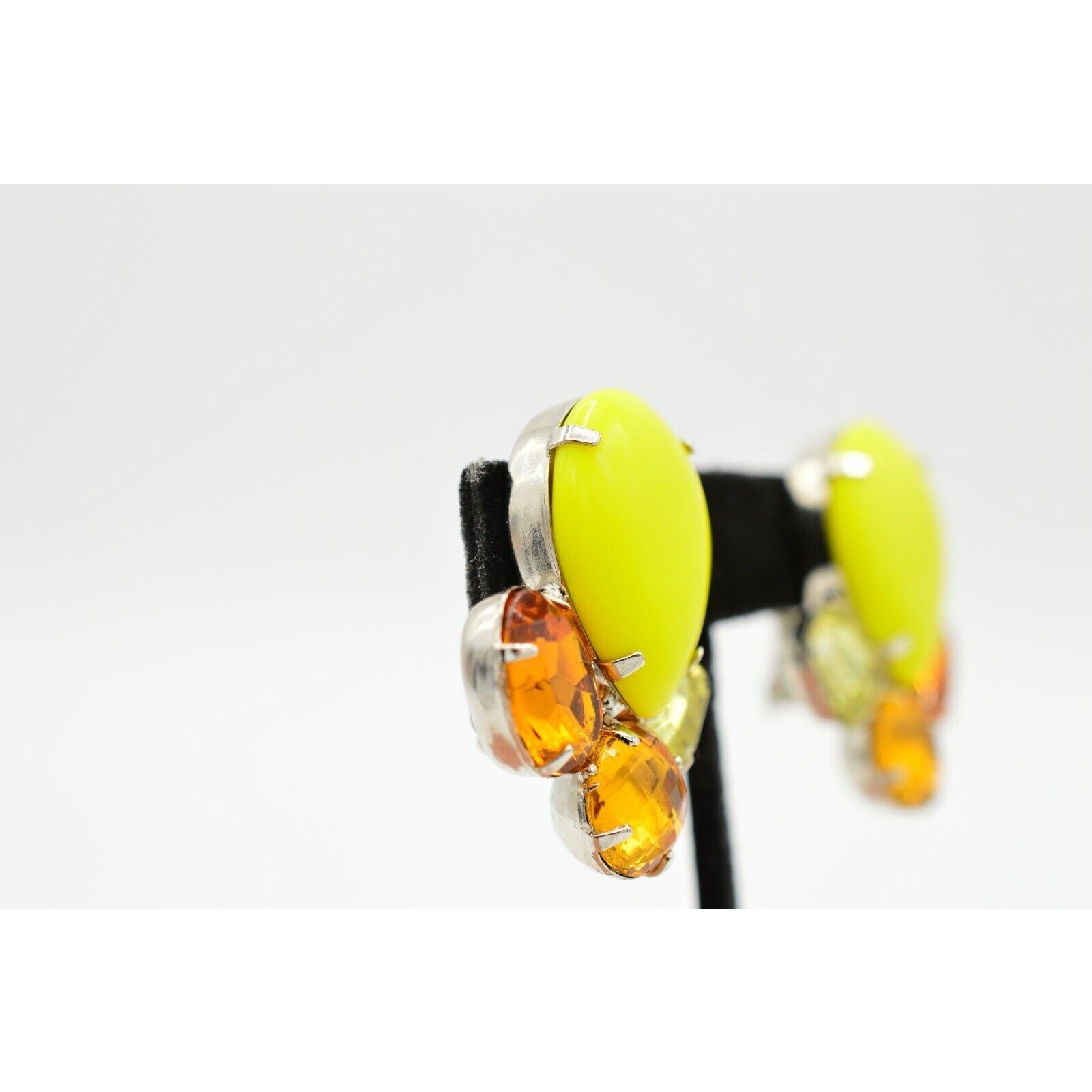 Vintage Crystal Cabochon Clip On Earrings Bezel Prong Neon Yellow Orange 80s W5