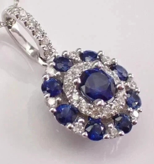 14k White Gold Plated 2.50Ct Round Simulated Blue Sapphire Women’s Halo Pendant