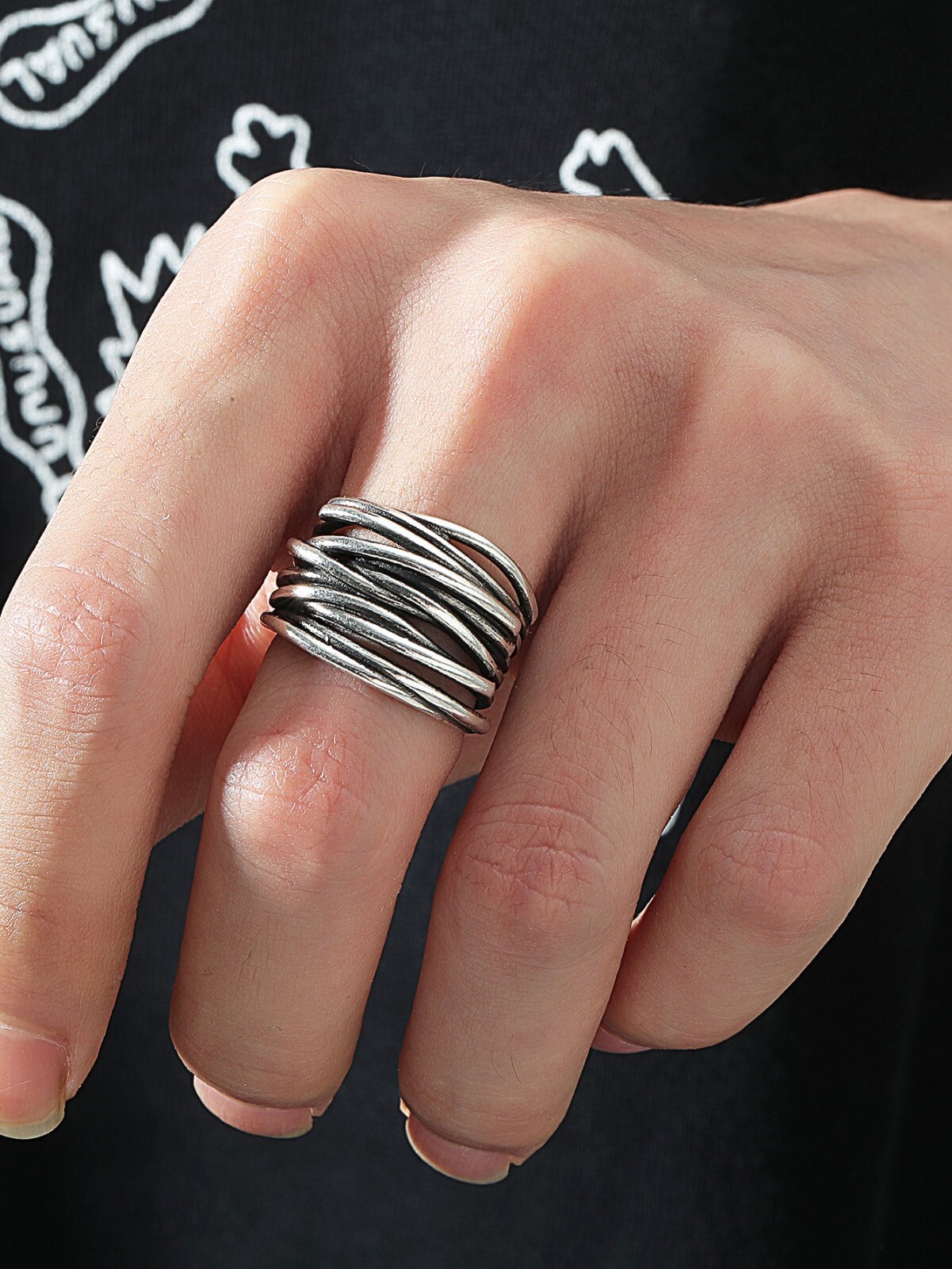 Men’s Open Rings Size 7 Y2K Hip-Hop Retro Punk Rock Alloy Silver Plated
