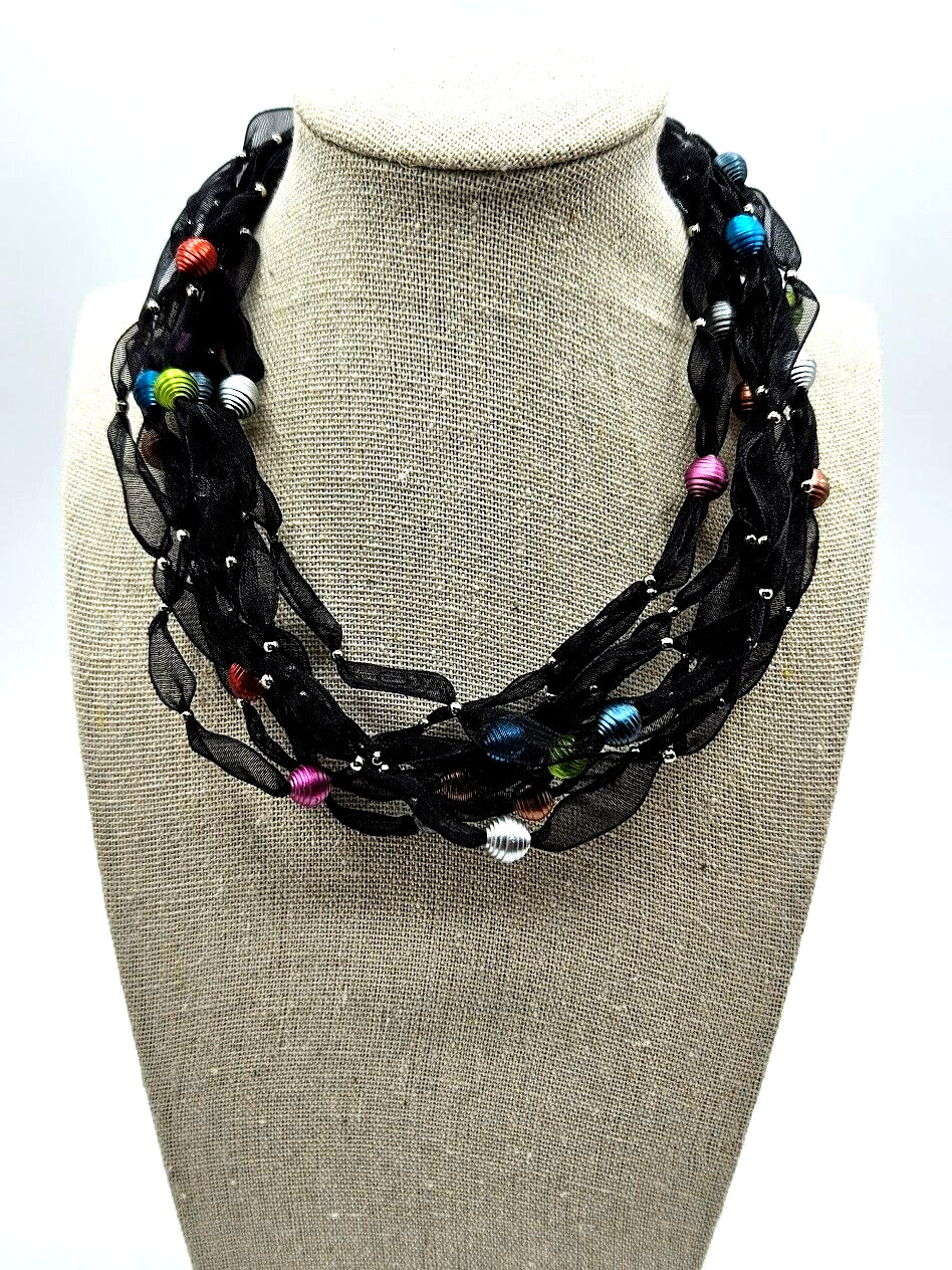 Black Laced Necklace 9 Strands SilverToned Dainty Beaded Cluster Multicolor 16″