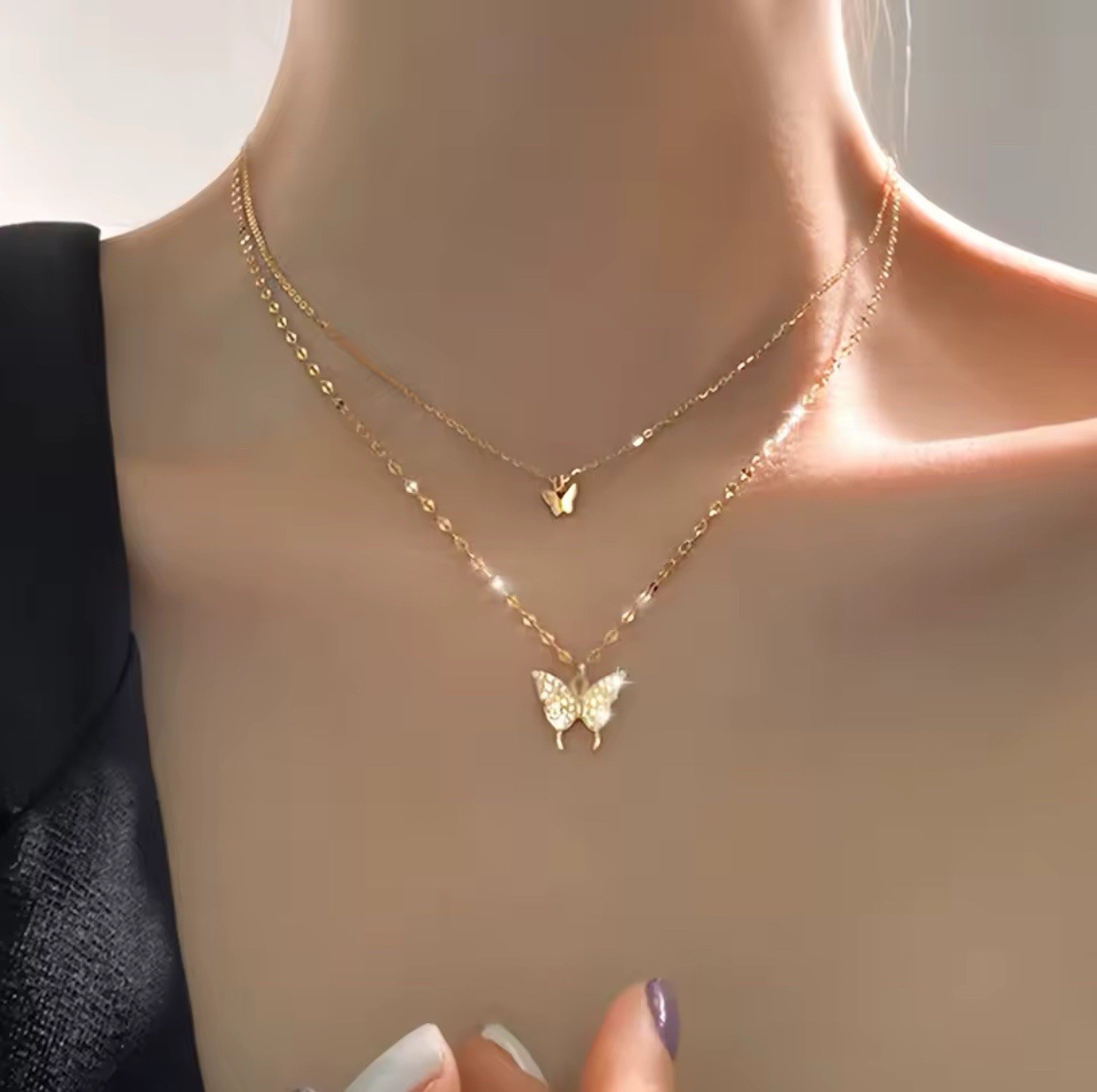 Gold Tone Layered Butterfly Charm Necklace with Clear Crystal Pendant, 16.14″