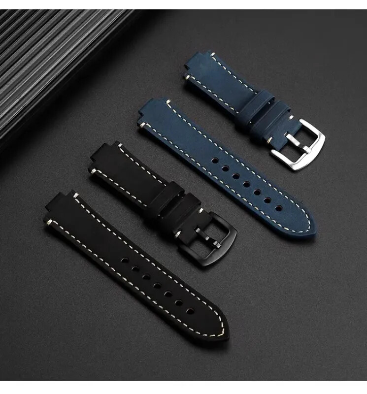 Leather Watch Strap for Oris Aquis 7330 7740 24x12mm Black Blue Convex Wristband