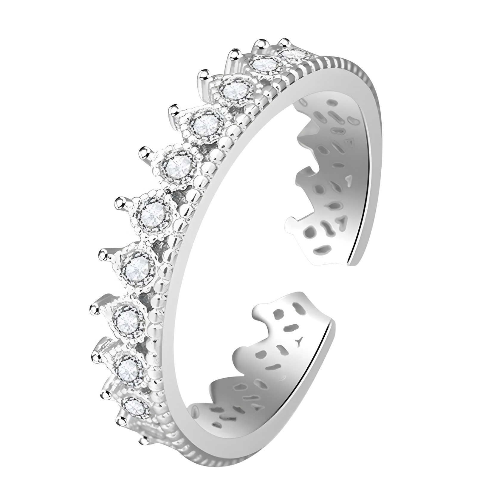 925 Sterling Silver Tiara Ring, Adjustable Crown Ring Sparkling CZ Stones 372