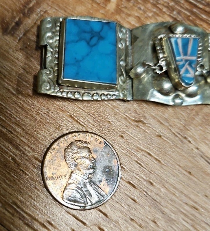 Vintage Silver & Turquoise Hecho En Mexico Taxco Alpaca Warrior Mask Bracelet 7”