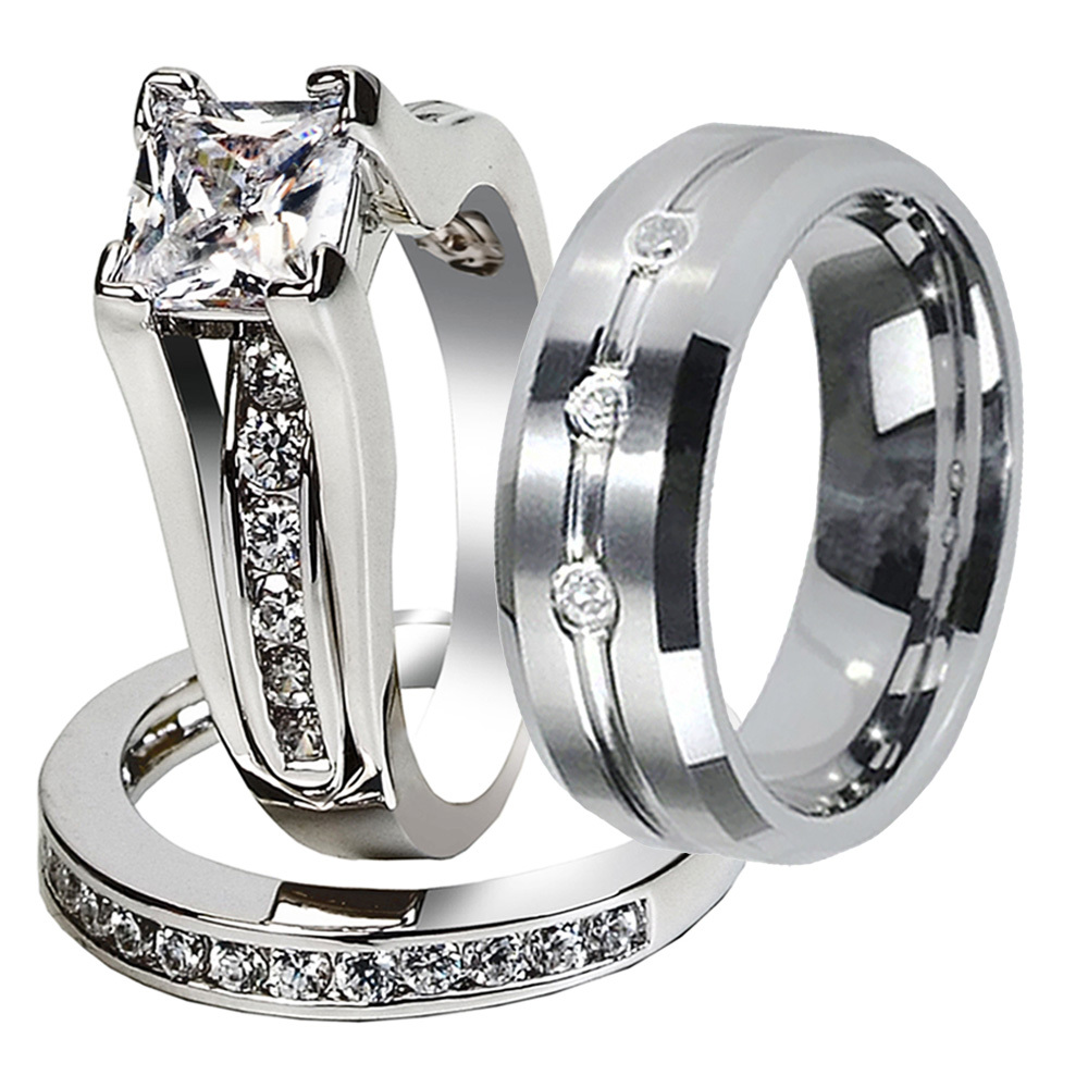 His Tungsten Hers Sterling Silver Princess Wedding Anniversary Rings Band Set