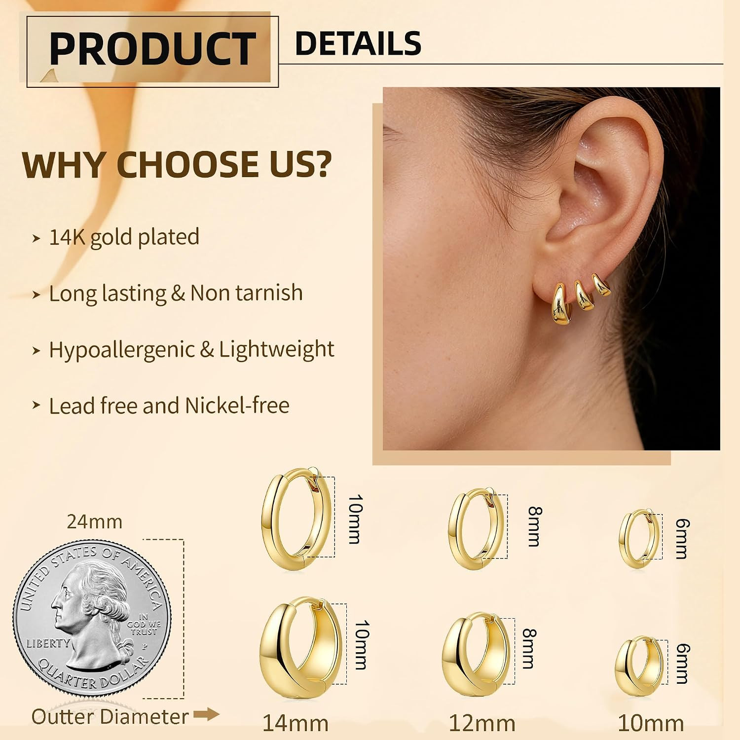 6 Pairs 14K Gold Plated Hoop Earrings for Women Hypoallergenic Small Huggie Hoop