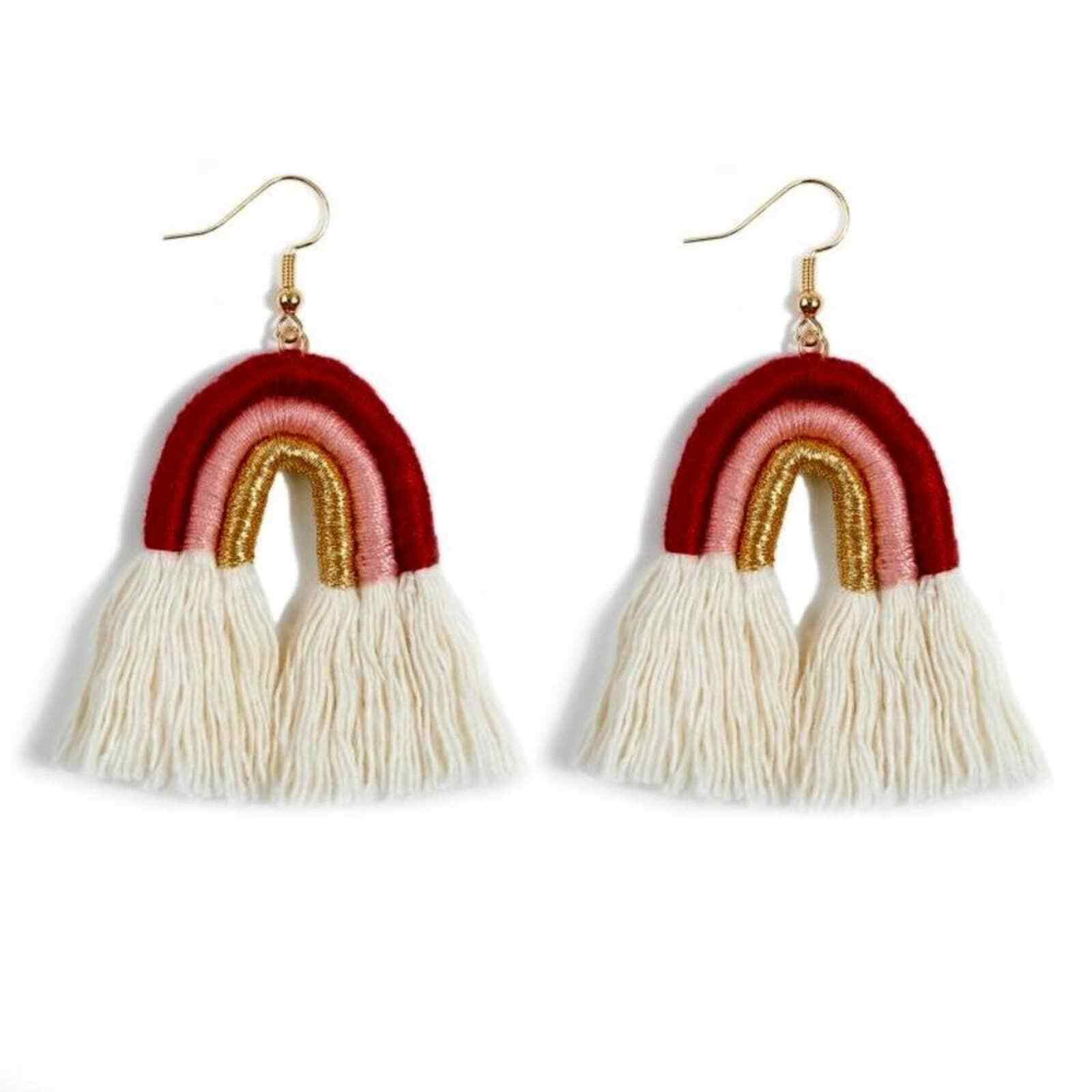 Wine/Light Pink/Gold/Cream BOHO Rainbow Tassel Fishhook Earrings