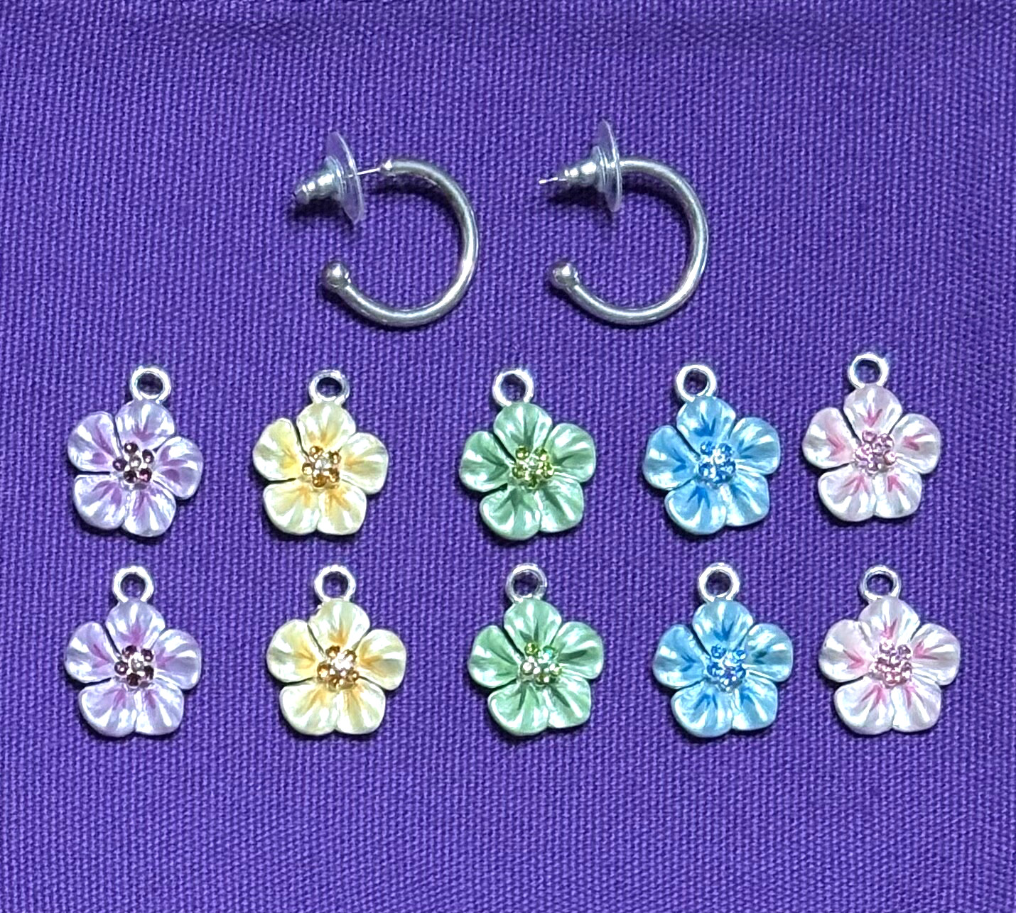 Premier Designs Silver Tone Hoop Earrings Interchangeable Enamel Flower Charms