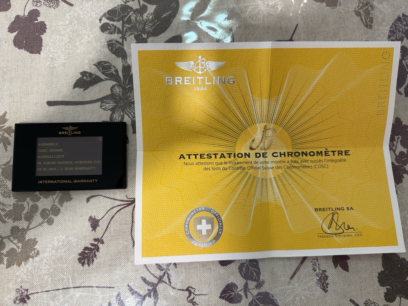 Breitling Avenger II A1338111/C870 Warranty Card COSC Certificate Booklet Papers