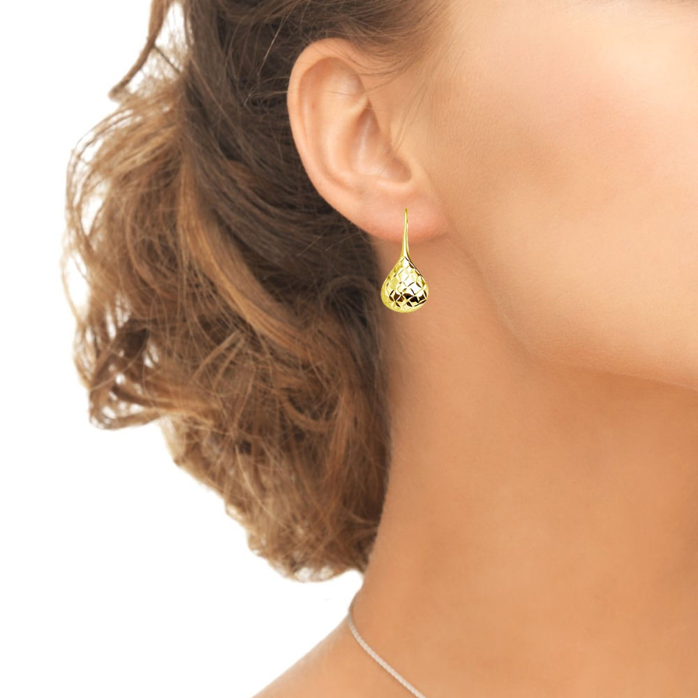 Yellow Gold Flashed Silver Diamond-Cut Pear Shape Lotus Polished Drop Earrings