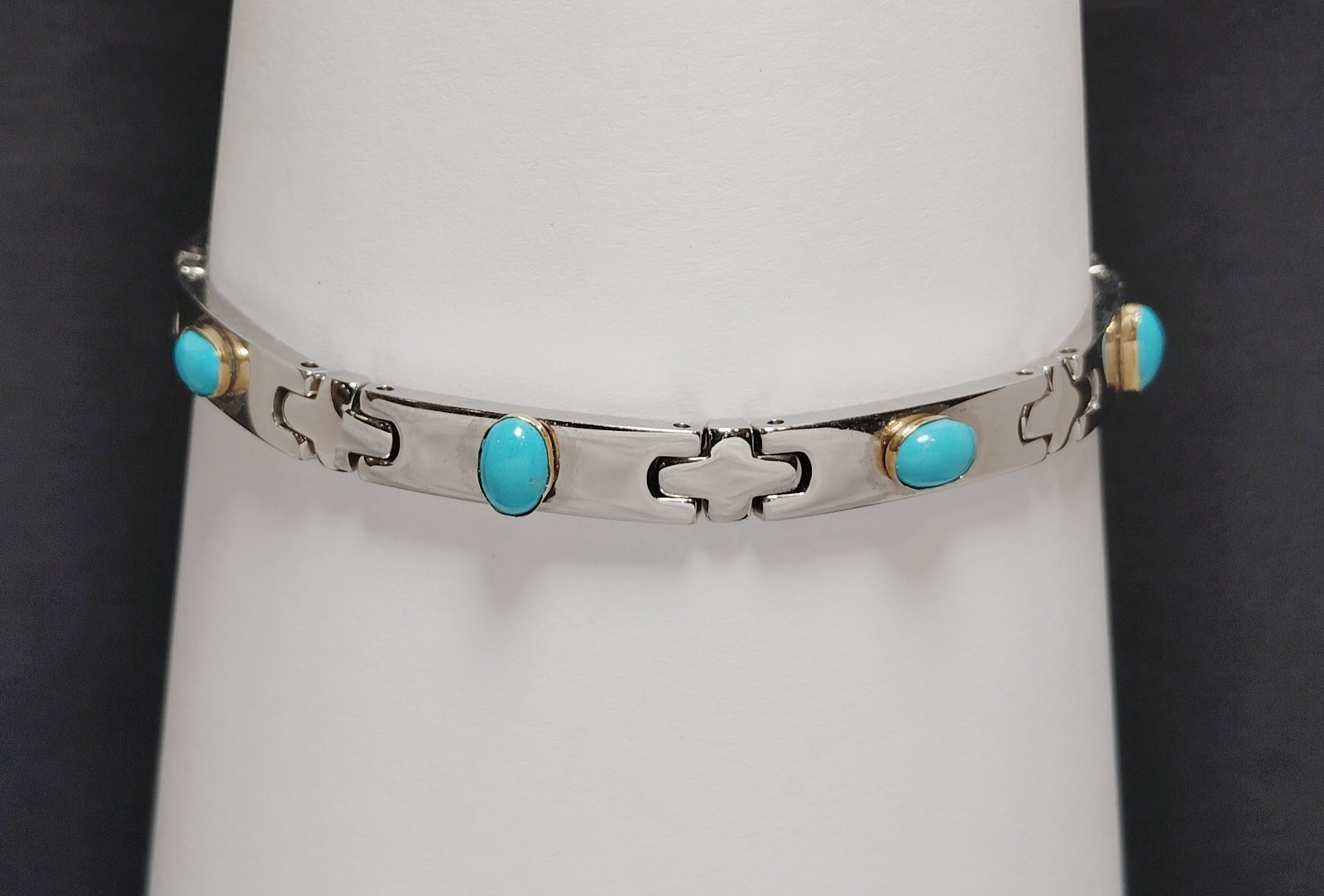 18K Gold Stainless Steel Persian Turquoise Puzzle Link Bracelet Italian Style