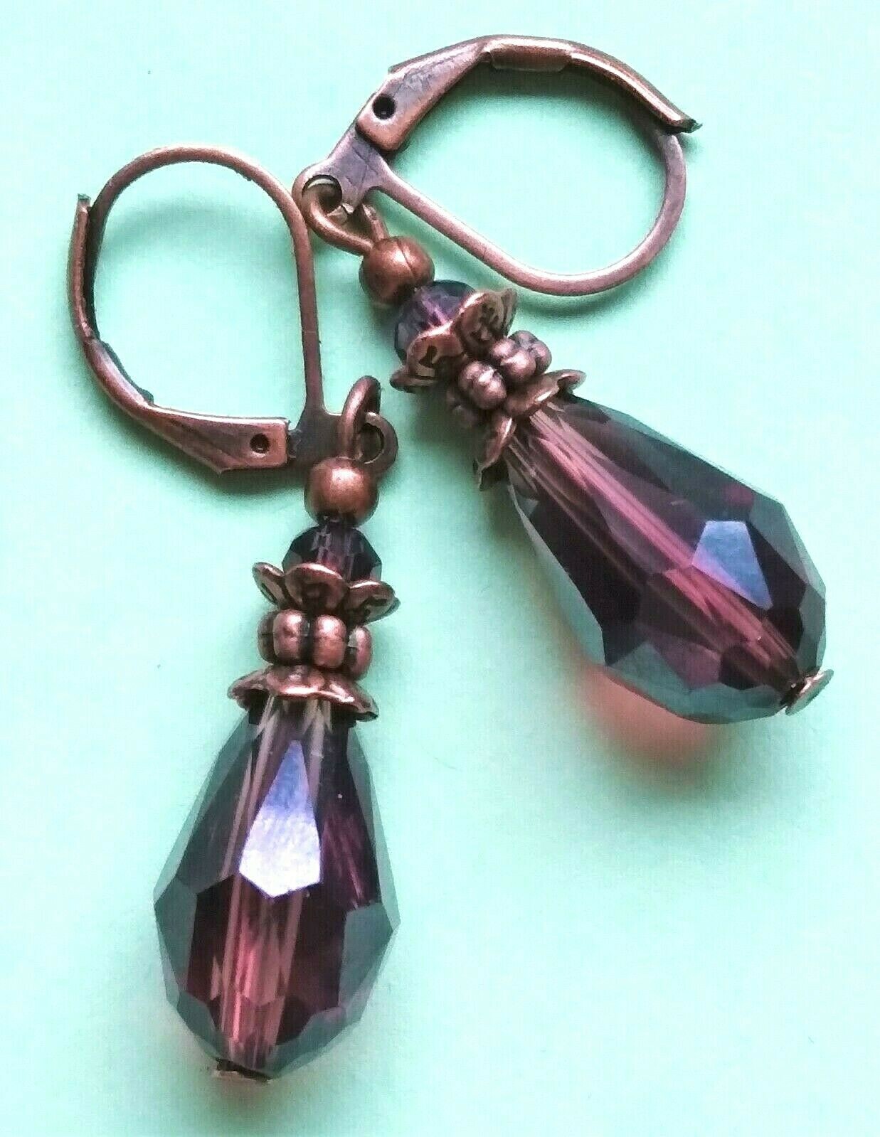 PURPLE PLUM Crystal teardrop earring COPPER LEVERBACK handmade XX