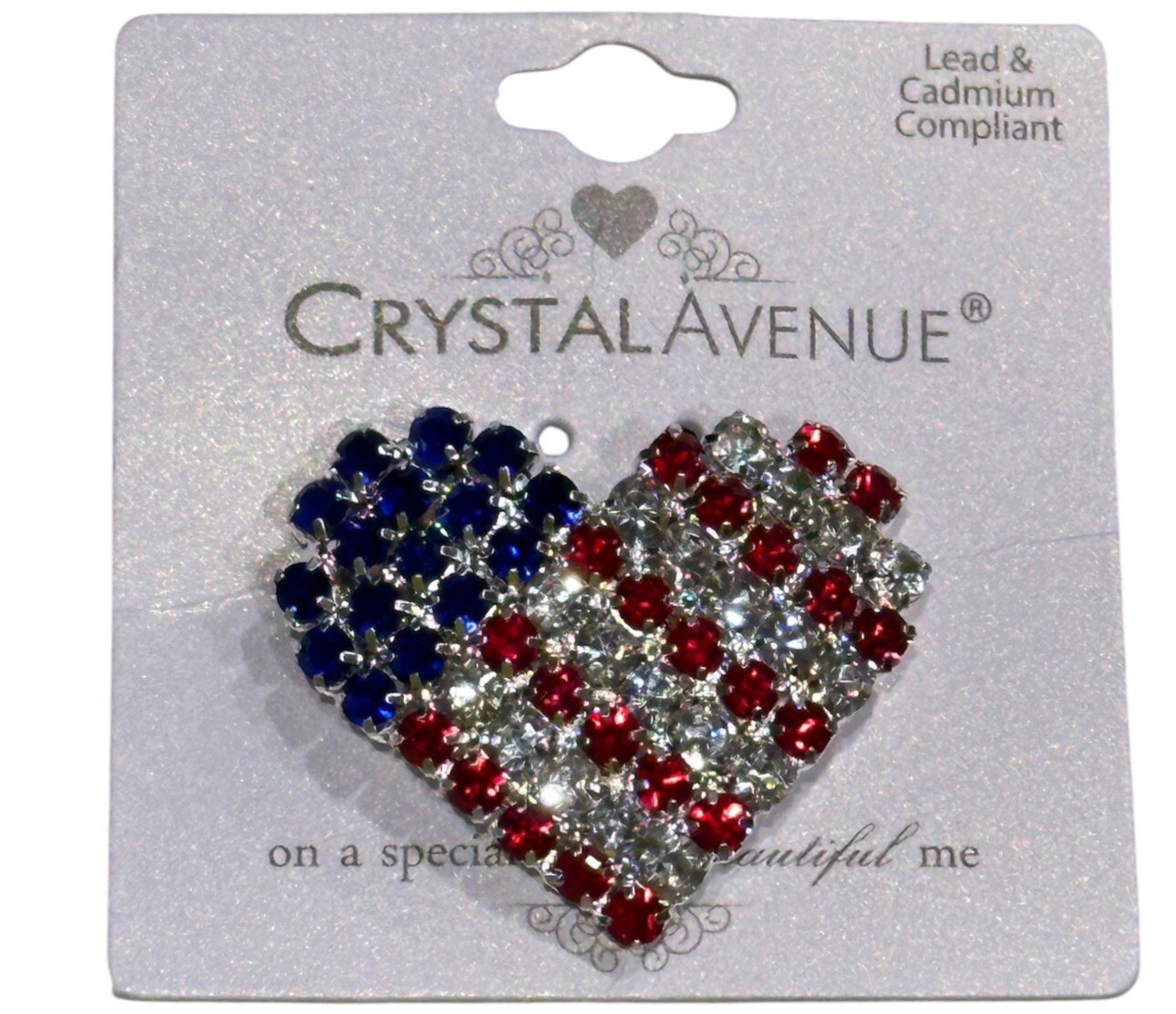 HEART US FLAG LARGE BROOCH PIN PATRIOTIC USA RED WHITE BLUE RHINESTONE BLING