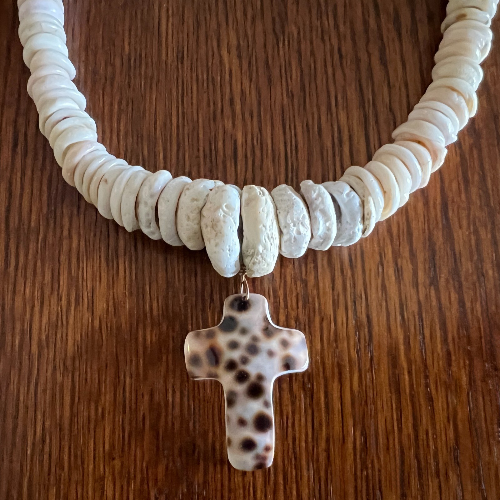 Puka Shell Necklace Vintage 70s w/Hand-Shaped Tiger Cowrie Shell Cross Pendant