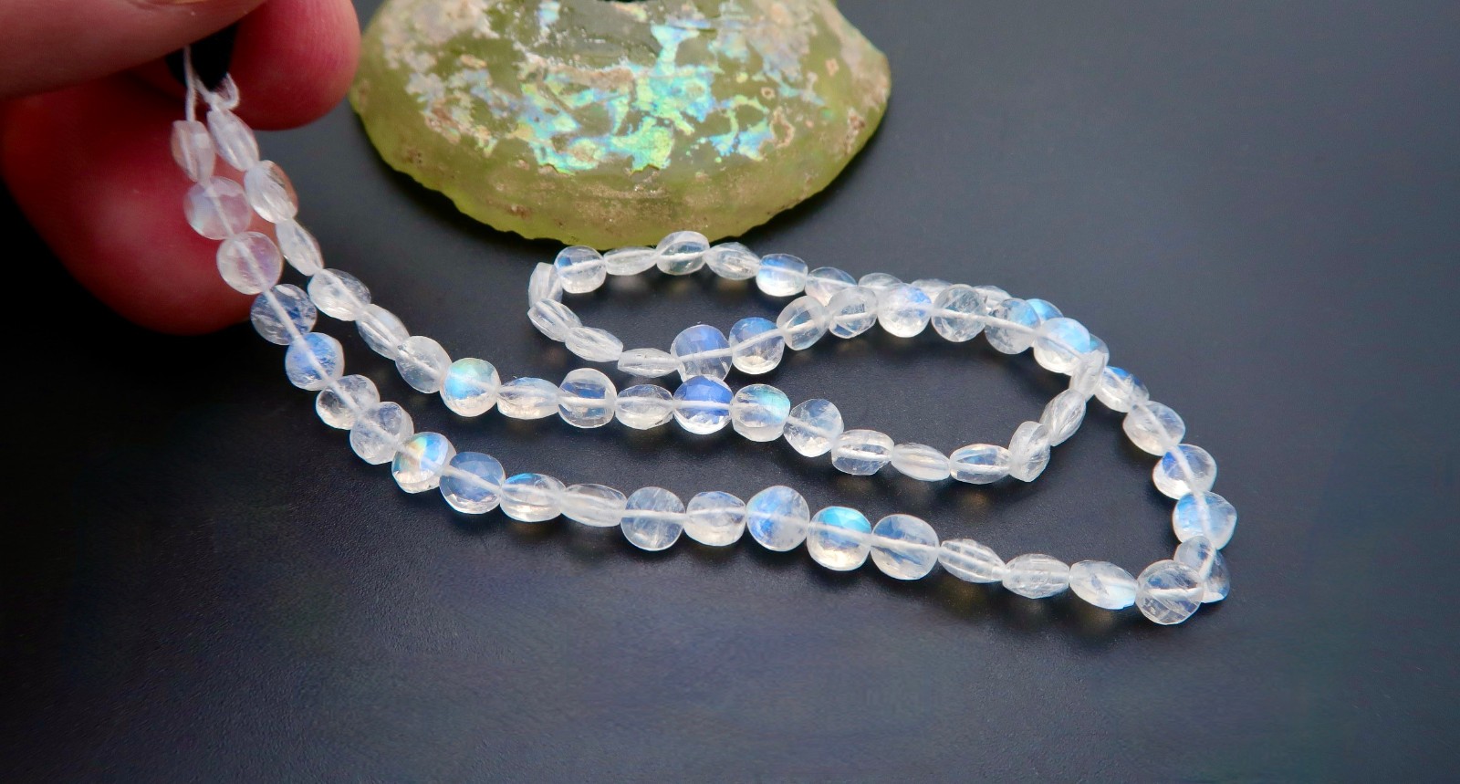 FULL STRAND STUNNING AAAA BLUE TEAL FALSH MOONSTONE 4.3-4.6mm FACETED COIN BEADS