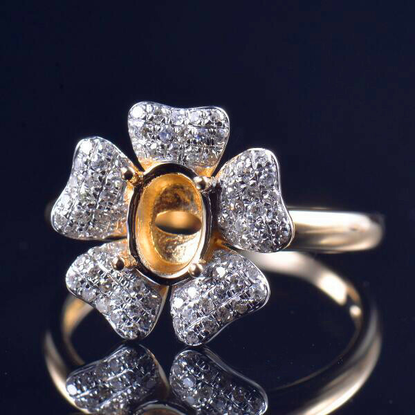 Oval 7x5mm Natural Diamond Engagement Flower Women Ring Setting 14K Yellow Gold