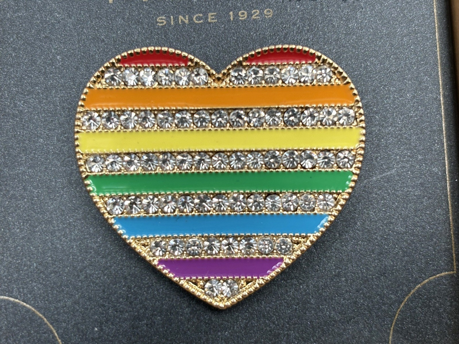 Monet Rainbow Heart Brooch Rhinestone Crystal Enamel Stripes Pride in Box