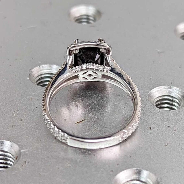 Black Emerald Cut Moissanite Halo Engagement Ring 925 Silver 14K Vermeil Ring