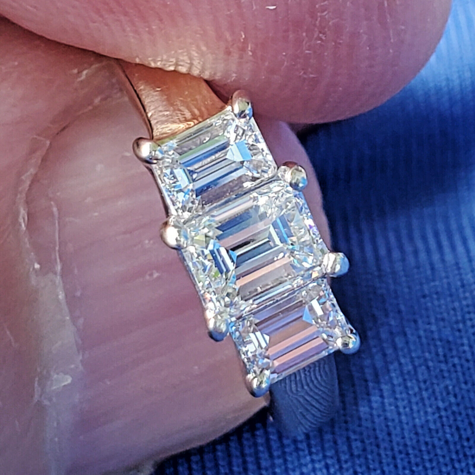 Original EARTH MINED DIAMOND Emerald cut Deco Engagement Ring Vintage 3 stone 7