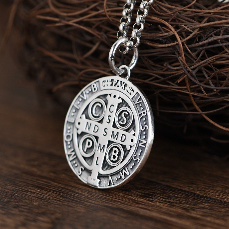 S925 Sterling Silver ST BENEDICT MEDAL Cross Pendant RELIGIOUS Protective Amulet