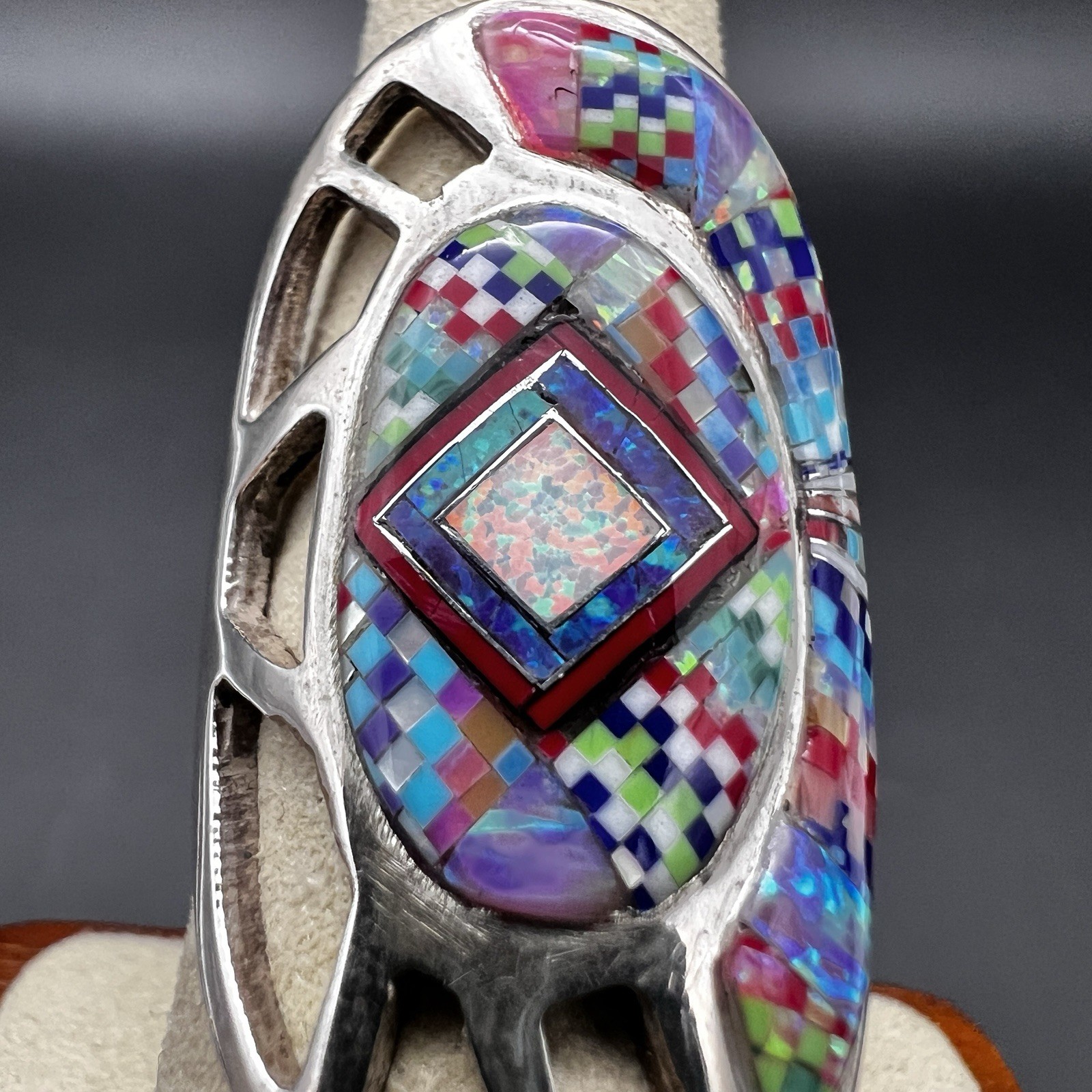 Sterling Silver Inlay Native American Ring Turquoise Opal & Other Size 7.5 10g