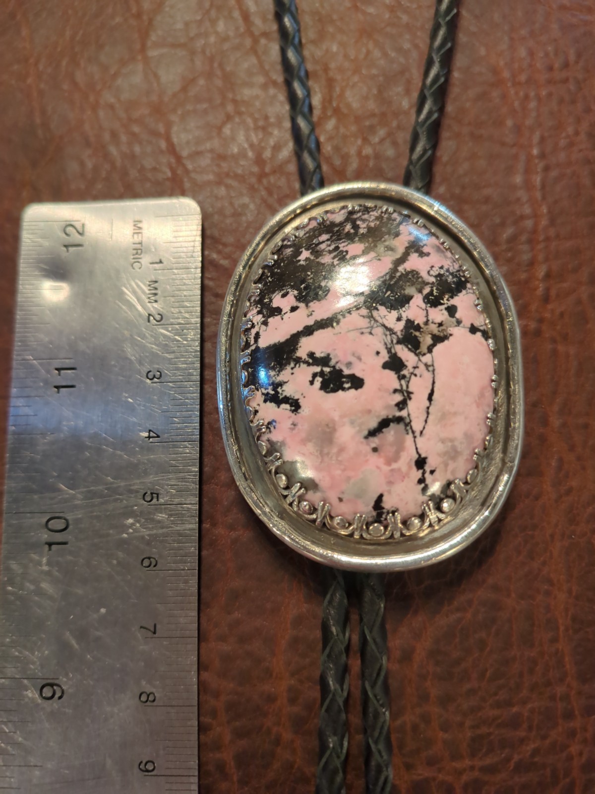 bolo tie sterling silver handmade rhodonite