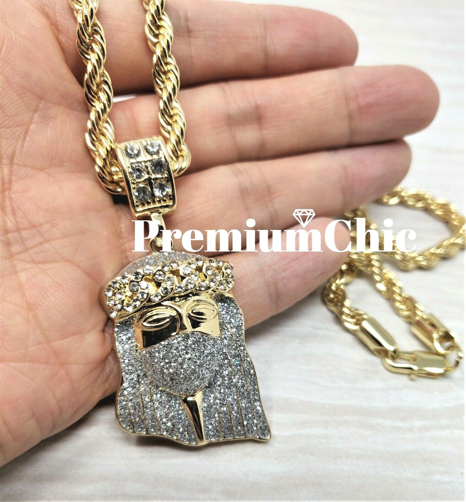ICED Jesus Pendant Necklace w Rope Chain or Tennis Chain Mens Plated CZ Jewelry